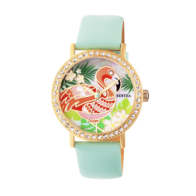 Bertha Luna Mother-Of-Pearl Leather-Band Watch - Mint