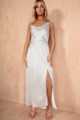 Senna White Spot Satin Maxi Dress
