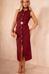 Emery Burgundy Button Detail Midi Dress