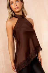 Zania Chocolate Satin Halterneck Top