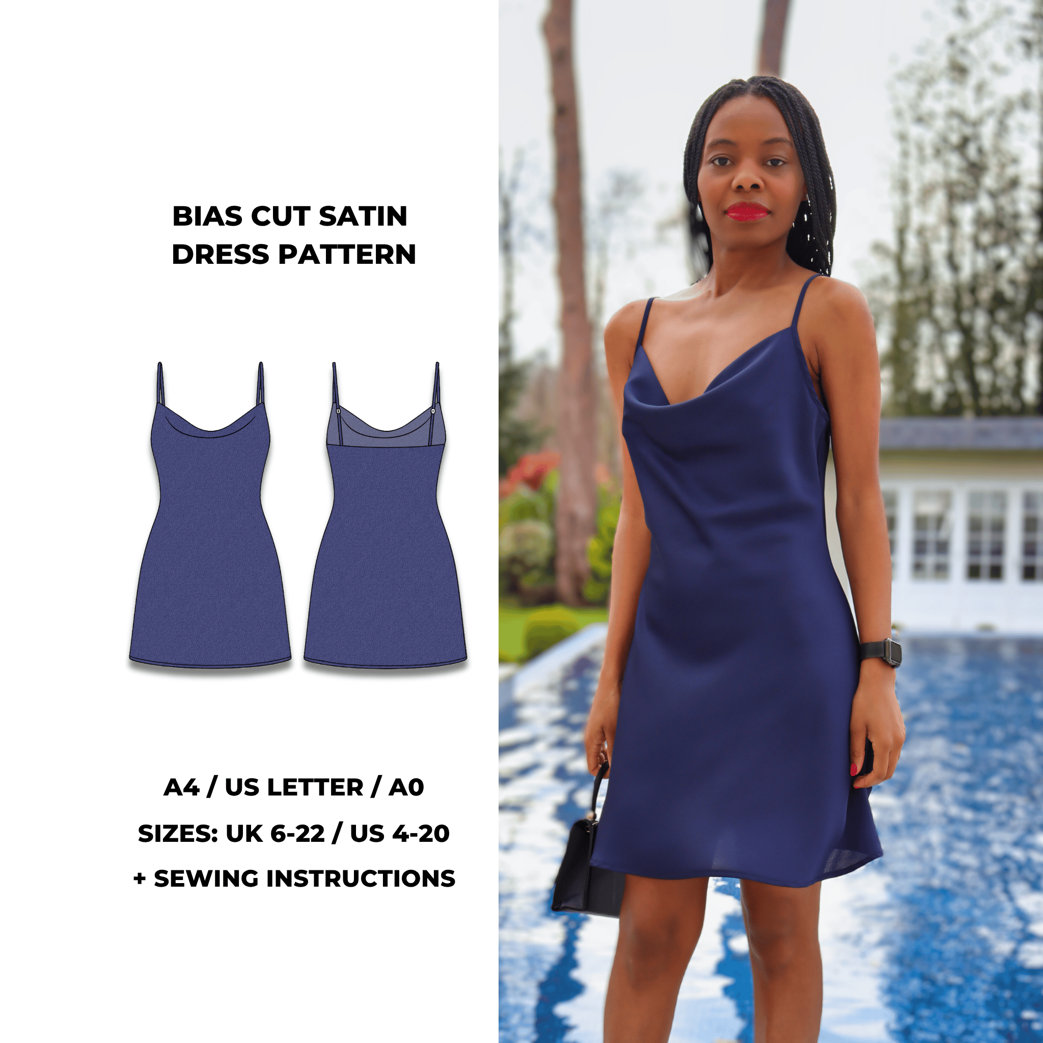 Silk Cowl Slip Dress PDF sewing pattern. Sizes UK 6–22. Beginner-friendly with sew-along video tutorial.