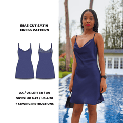 Silk Cowl Slip Dress PDF sewing pattern. Sizes UK 6–22. Beginner-friendly with sew-along video tutorial.