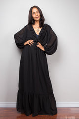 Nuichan Black Chiffon Maxi Dress, sheer ruffle long dress, women’s boho style 2025.
