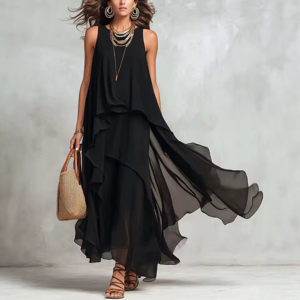 elegant black layered maxi dress for women with flowy silhouette sophisticated feminine fashion perfect for events dinners and special occasions