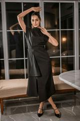 Black One - Shoulder Draped Midi Dress