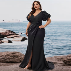 Black Plus Size Evening Dress with V-neck Floral Puff Sleeves with High Slit