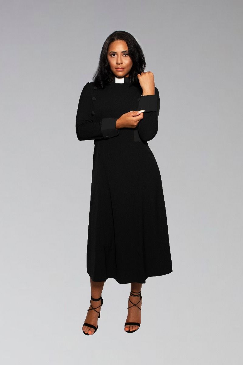 Women's Clergy Dress Black with Black Designer Buttons