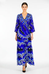 Front view of a blue printed wrap maxi dress with elegant long sleeves and flowing silhouette, Shahida,