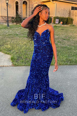 Royal Blue Sequins Strapless Short Train Mermaid Prom Dress
