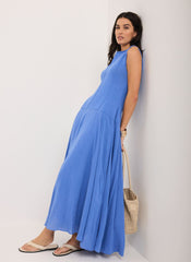 Blue Cotton Blend Drop Waist Maxi Dress