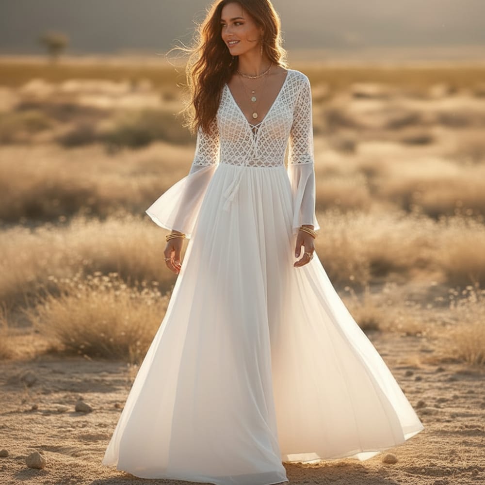 Boho Beach Hut Boho Dress, Beach Dress, Summer Dress, Maxi Dress, Chic Dress, Long Dress, Below knee dress, beach wedding dress, wedding dress, white dress, lace dress, beautiful dress Boho High Waist Lace Maxi Dress White / One Size