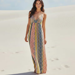 Boho Beach Hut Boho Dress, Beach Dress, Summer Dress, Maxi Dress, Chic Dress, Long Dress, Below knee dress, Sundress, Maxi Dress, Long Dress Sexy Deep V Neck Bohemian Print Maxi Dress Pink / S