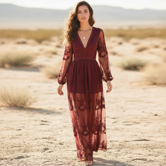 Boho Beach Hut Dresses, Maxi Dress, Red Maxi Dress Boho Red Lace Maxi Dress Red / S