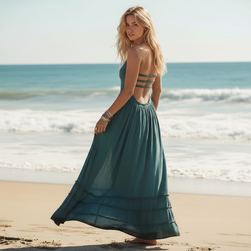 Boho Beach Hut Dresses, Maxi Dresses, Summer Dresses, Beach Dresses Hippie Backless Halter Dress Blue / S