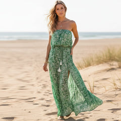 Boho Beach Hut Dresses, Maxi Dresses, Summer Dresses Strapless Print Boho Maxi Dress Green / S