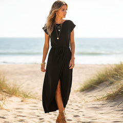 Boho Beach Hut Plus Size dress, Chic Dress, Summer Dress, Maxi Dress, casual dress, church dress, black dress, blue dress, navy dress, green dress, gray dress, short sleeve dress, tie around waist dress, maxi dress Split Long Maxi Dress Black / XS