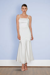 Bride wearing white glamorous Gatsby inspired elegant 30s silk slip dress wedding dress and cocktail party dressr