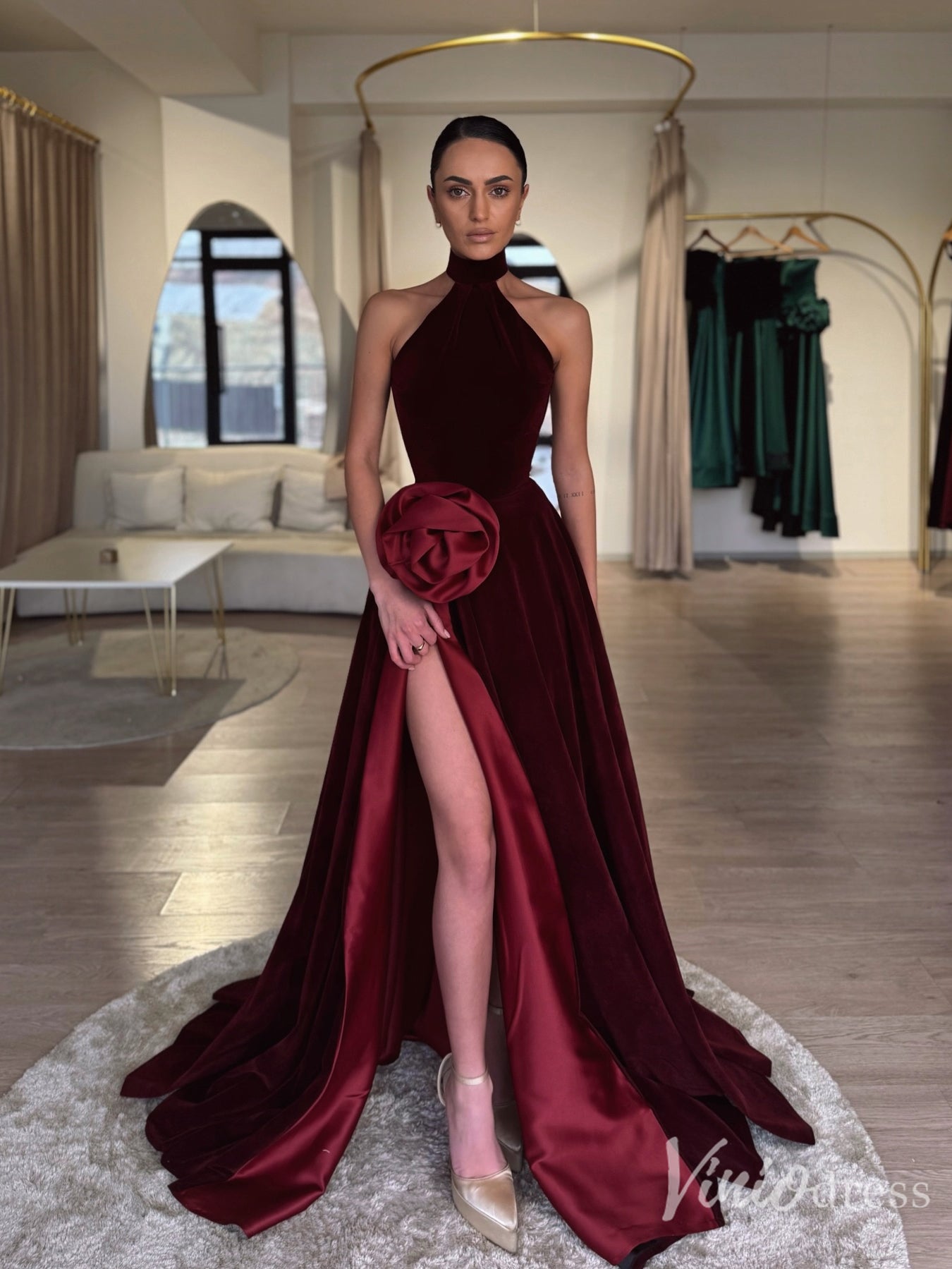 Burgundy Velvet Halter Prom Dress with Slit and Satin Rose – FD6125-prom dresses 2025 -Viniodress-Burgundy-Custom Size-