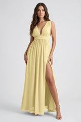 Butter yellow chiffon maxi dress by Shahsi with soft flowing silhouette