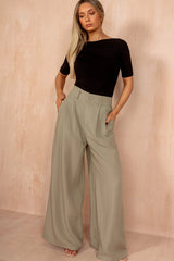 Kelsey Khaki Linen Wide Leg Trousers