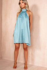 Georgia Blue Satin Halterneck Pleated Dress