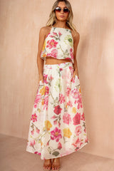 Giorgia Cream Floral Pleated Midi Skirt