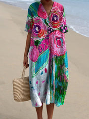 Women's Vintage Floral Art Print Flowy Dress