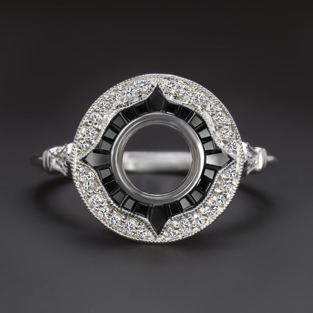 BLACK ONYX DIAMOND 6.5mm ROUND ENGAGEMENT RING SETTING VINTAGE STYLE HALO TARGET