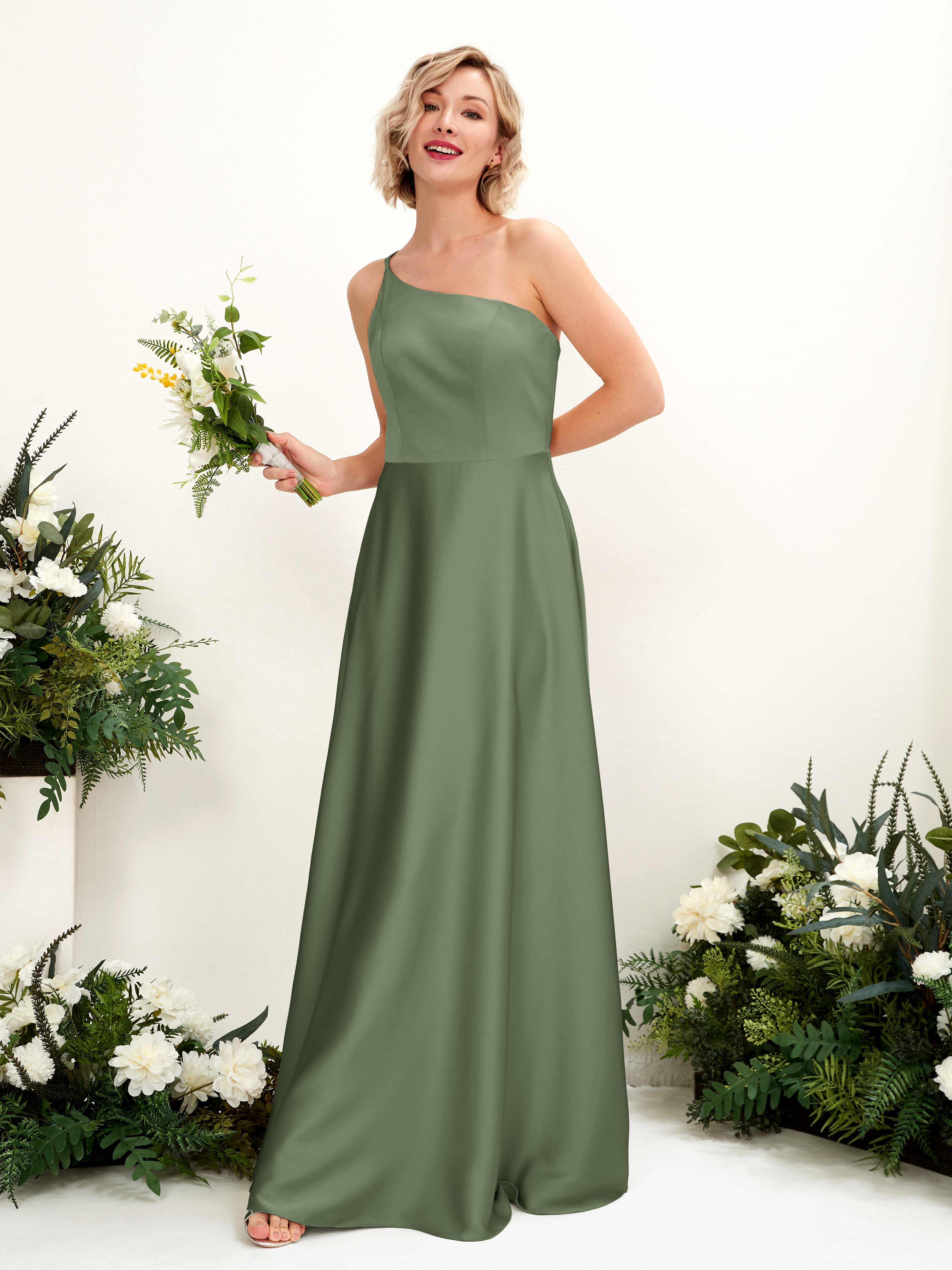 Carlyna Dinah A-Line Green Olive Satin Bridesmaid Dress Maxi Sleeveless One Shoulder Dress Front View #color_green-olive