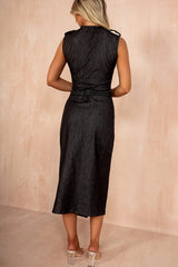 Nisha Black Chambray Belted Midi Dress