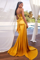Elevate your prom night with the Ladivine CD340 Long Satin Slit Overskirt Prom Dress. This formal pageant gown is fitted and ruched, creating a flattering silhouette. The satin material and slit overskirt add elegance and sophistication. Make a statement with this must-have dress.