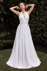 White Halter A-Line Gown with Pleated Bodice and Flowing Skirt