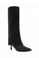Phoebe Black Fold Over Suedette Knee High Boots
