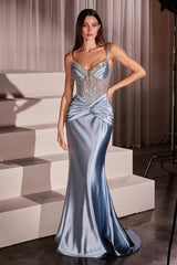 Ice Blue Satin Corset Mermaid Gown with Crystal Embellishments