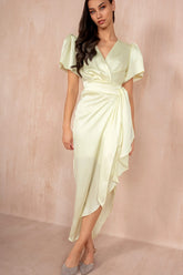 Drew Lemon Satin Wrap Midi Dress