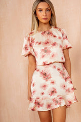 Zara Blush Floral Puff Sleeve Satin Dress
