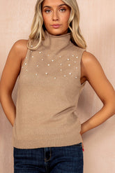 Peggy Camel Knit Pearl Sleeveless Top