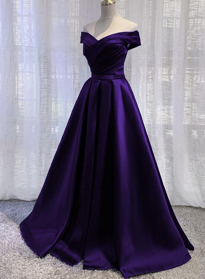 Simple Off Shoulder Satin Long Prom Dress, Dark Purple Party Dress Evening Gown cg15750