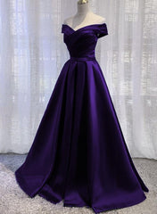 Simple Off Shoulder Satin Long Prom Dress, Dark Purple Party Dress Evening Gown cg15750
