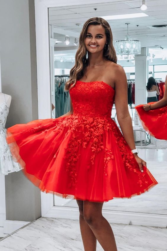 princess red lace appliqued short party dress for homecoming or sweet 16 cg16849