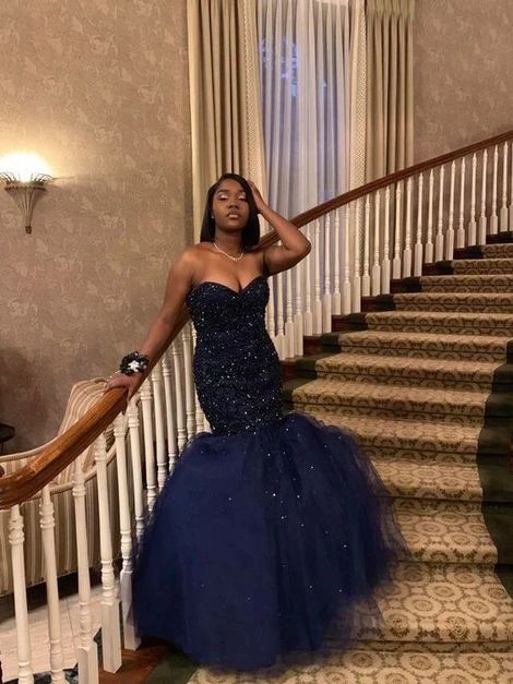 Sweetheart Navy Blue Mermaid Prom Dress With Beading cg24797