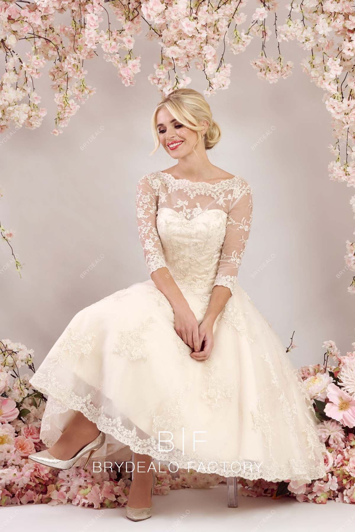 custom champagne lace short city wedding gown