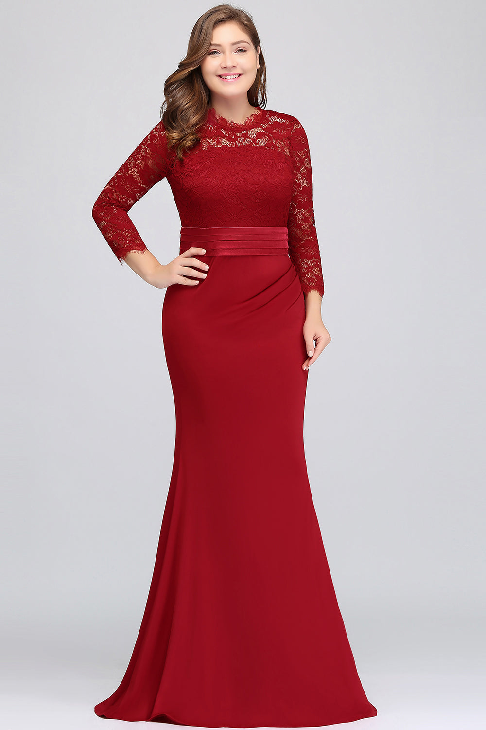 Charming Plus Sizes Long Lace Mermaid Bridesmaid Dress with Sleeves-BIZTUNNEL