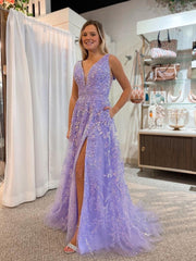 Chic A-line V neck Lace Beaded Long Prom Dress Lilac Elegant Evening Dress #JKSS58|Selinadress