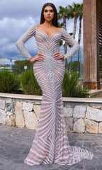 Chic and Holland HF110316 - Long Sleeve Sweetheart Evening Dress Evening Dresses 0 / Ivory/Nude