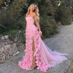Chic Baby Pink 3D Flowers Mermaid Evening Dress 2025 SS207