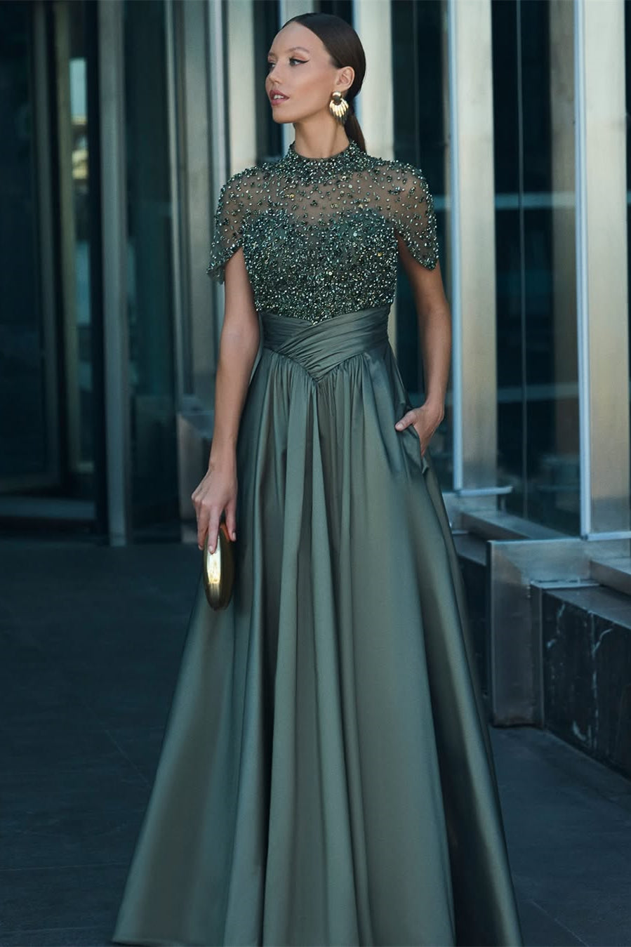 Chic Dark Green High Collar Satin A-Line Prom Dresses Short Sleeves Beading With Pleats-Ballbella