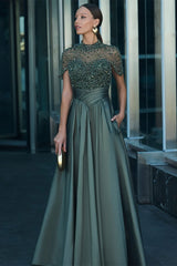 Chic Dark Green High Collar Satin A-Line Prom Dresses Short Sleeves Beading With Pleats-Ballbella