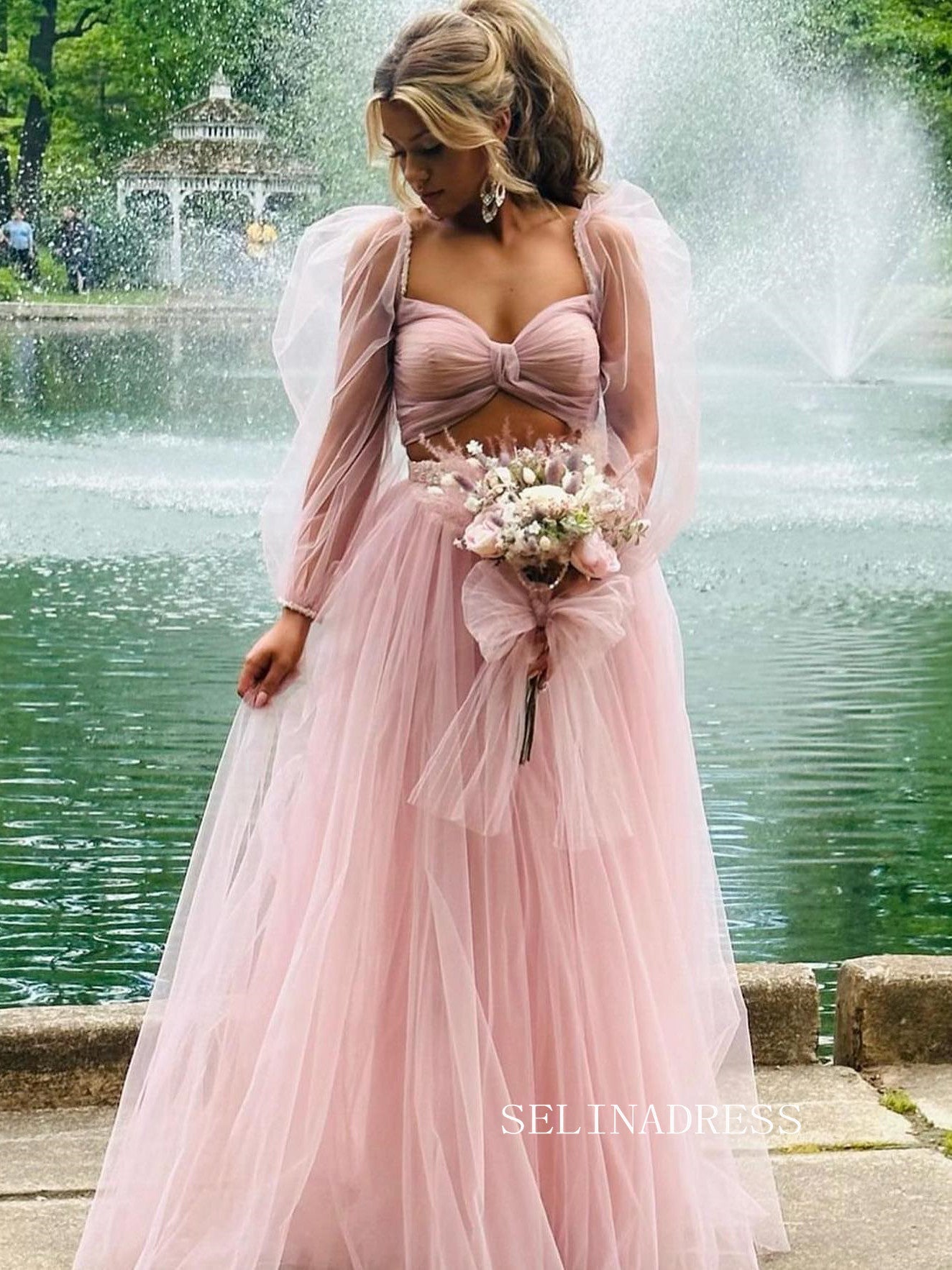 Chic Two Pieces Long Sleeve Prom Dress Blush Pink Elegant Evening Dress #kop138|Selinadress