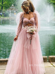 Chic Two Pieces Long Sleeve Prom Dress Blush Pink Elegant Evening Dress #kop138|Selinadress